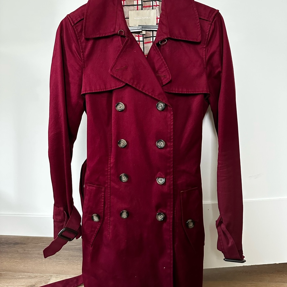 Banana Republic Burgundy Trench Coat | Classic Double-Breasted | Size XS PETITE
